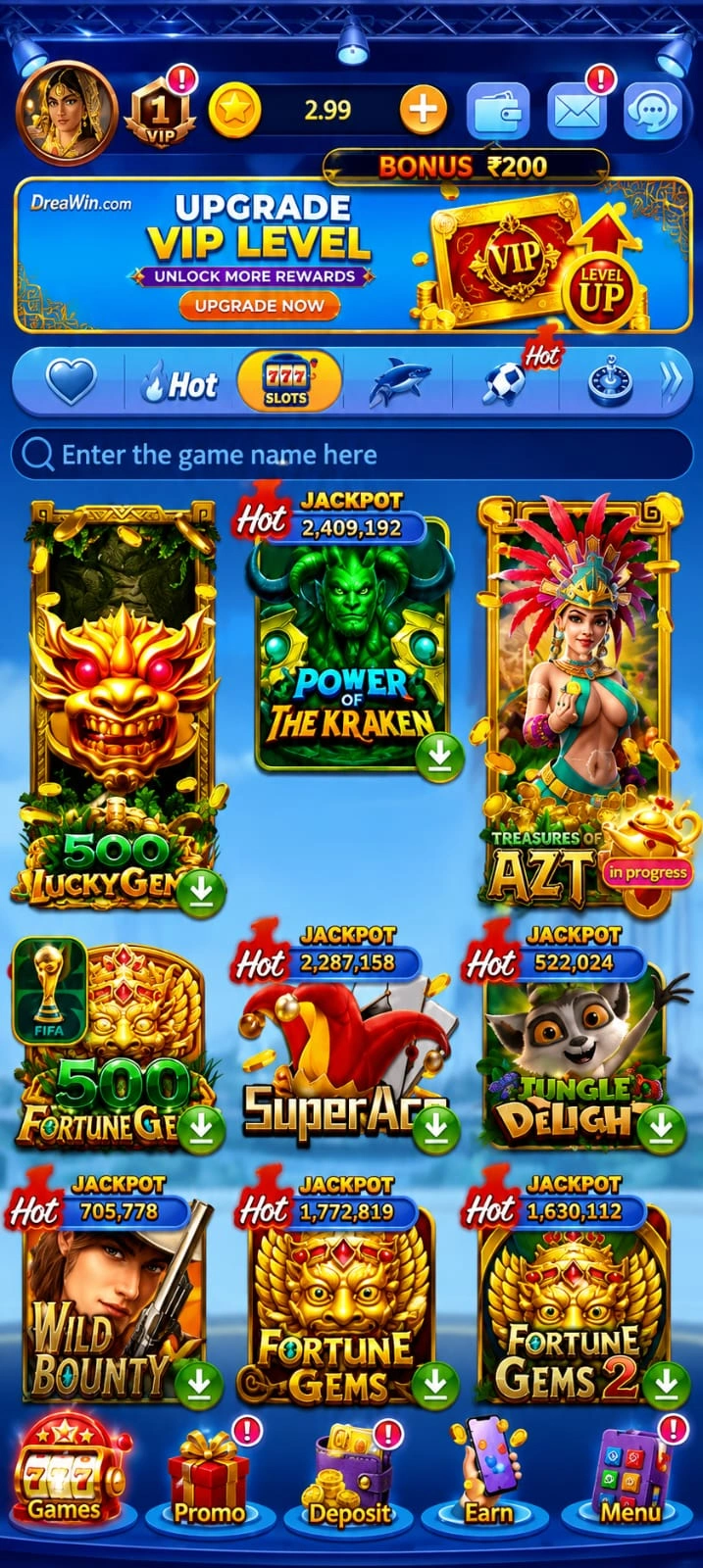 Diwa Win main lobby interface displayed on an Android device